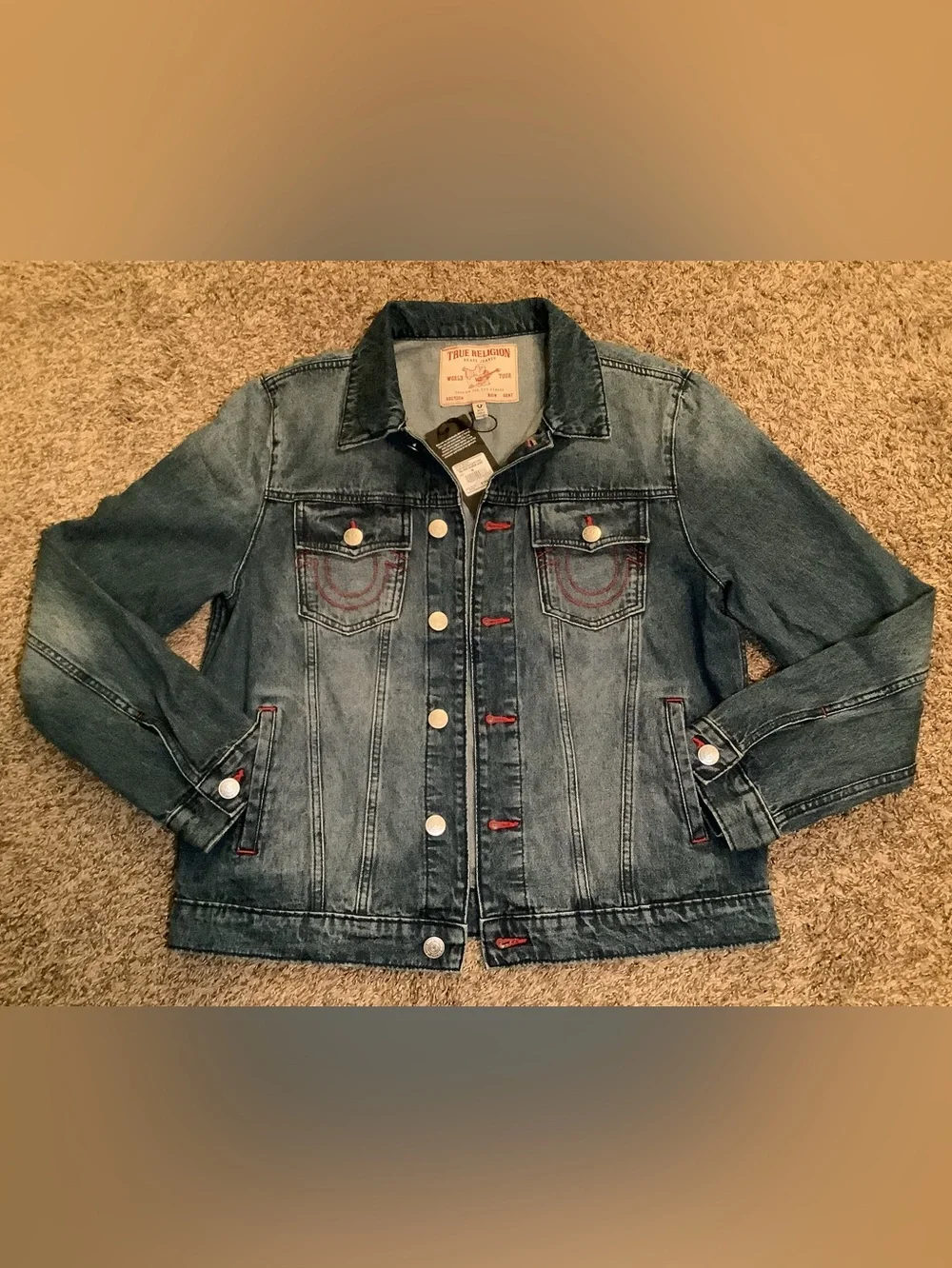 True Religion Logo Print Denim Jacket, color medium blue quartz wash, size: M